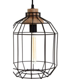 Orsina Black Iron Cage Pendant Light, Geometric Wire Frame Ceiling Lamp, Decorative Light With Wooden Bulb Mount - thumbnail 4