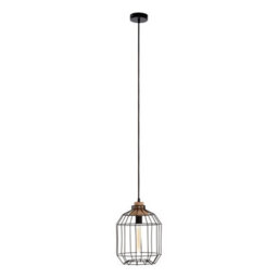 Orsina Black Iron Cage Pendant Light, Geometric Wire Frame Ceiling Lamp, Decorative Light With Wooden Bulb Mount - thumbnail 3
