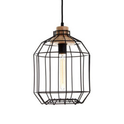 Orsina Black Iron Cage Pendant Light, Geometric Wire Frame Ceiling Lamp, Decorative Light With Wooden Bulb Mount