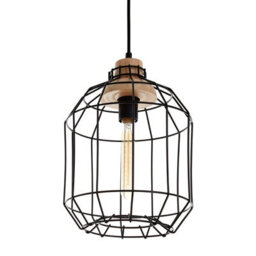 Orsina Black Iron Cage Pendant Light, Geometric Wire Frame Ceiling Lamp, Decorative Light With Wooden Bulb Mount - thumbnail 2