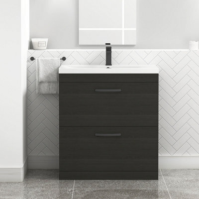 Royal Bathrooms Turin Hale Black 800mm Floor Standing Vanity Unit 2 Drawer With Mid-Edge Basin Sink & Matt Black Handles - image 1