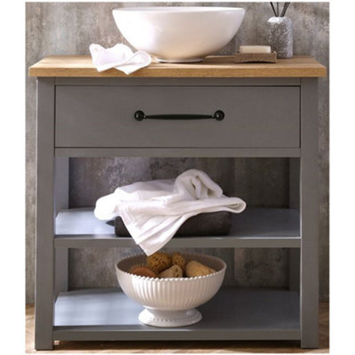 Homestylestore Light Grey And Oak 840mm Bathroom Cloakroom Vanity Unit With Round Countertop Basin And Black T Bar Handle - image 1