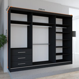 Fhif Dubai Gold 250Cm Black Sliding Door Wardrobe Modern Bedroom Storage With Full Length Mirror Shelves And Hanging Rails - thumbnail 2