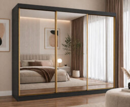 Fhif Dubai Gold 250Cm Black Sliding Door Wardrobe Modern Bedroom Storage With Full Length Mirror Shelves And Hanging Rails - thumbnail 1