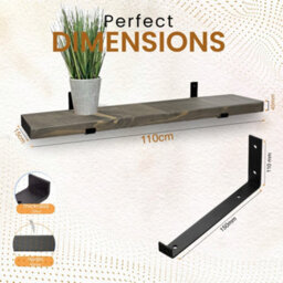 MKGT Narrow Rustic Shelf, 15Cm Deep Solid Wood Wall Shelf With Black Brackets (Driftwood, 110Cm) - thumbnail 2