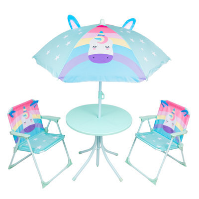 Relsy Kids Outdoor Bistro Patio Set Unicorn Design: Table, 2X Chairs, Parasol - Garden Furniture For Children - image 1