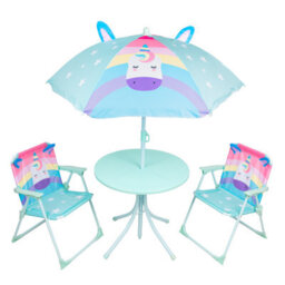 Relsy Kids Outdoor Bistro Patio Set Unicorn Design: Table, 2X Chairs, Parasol - Garden Furniture For Children - thumbnail 1