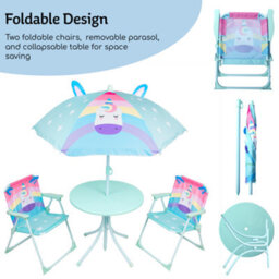 Relsy Kids Outdoor Bistro Patio Set Unicorn Design: Table, 2X Chairs, Parasol - Garden Furniture For Children - thumbnail 3