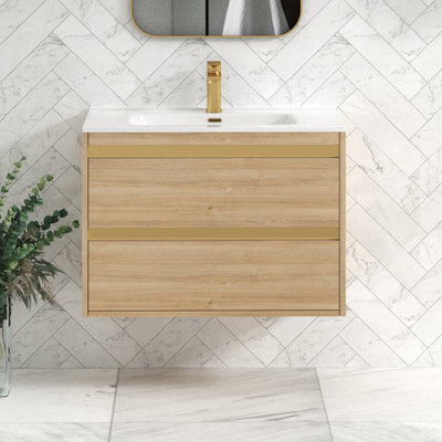 Royal Bathrooms Orion 800mm Natural Oak 2 Drawer Wall Hung Vanity Unit With Ceramic Basin & Brushed Brass Strip - image 1