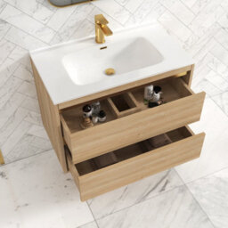 Royal Bathrooms Orion 800mm Natural Oak 2 Drawer Wall Hung Vanity Unit With Ceramic Basin & Brushed Brass Strip - thumbnail 4