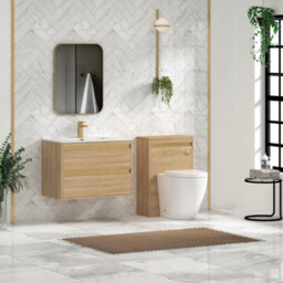 Royal Bathrooms Orion 800mm Natural Oak 2 Drawer Wall Hung Vanity Unit With Ceramic Basin & Brushed Brass Strip - thumbnail 3