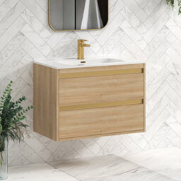 Royal Bathrooms Orion 800mm Natural Oak 2 Drawer Wall Hung Vanity Unit With Ceramic Basin & Brushed Brass Strip - thumbnail 5