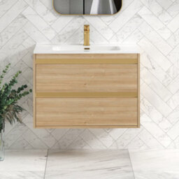 Royal Bathrooms Orion 800mm Natural Oak 2 Drawer Wall Hung Vanity Unit With Ceramic Basin & Brushed Brass Strip - thumbnail 1