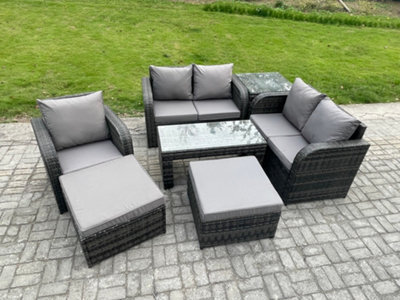 Fimous 7 Pcs Rattan Outdoor Garden Furniture Sofa Set Patio Table & Chairs Set With Side Table 2 Big Footstool - image 1