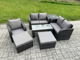 Fimous 7 Pcs Rattan Outdoor Garden Furniture Sofa Set Patio Table & Chairs Set With Side Table 2 Big Footstool - thumbnail 1