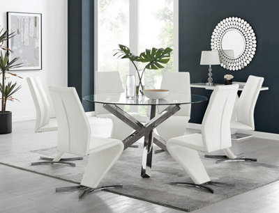 Furniturebox Uk Vogue Large Round Chrome Metal Clear Glass Dining Table And 6 White Willow Dining Chairs Set - image 1