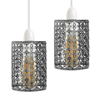 Set Of 2 Easy Fit Lampshades Retro Style Metal Wire Cage For Pendant Lights, Brushed Silver - image 1