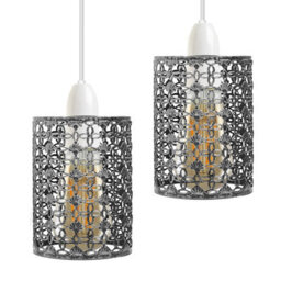 Set Of 2 Easy Fit Lampshades Retro Style Metal Wire Cage For Pendant Lights, Brushed Silver - thumbnail 1