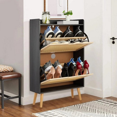Black Shoe Cabinet Hidden Shoe Storage With 2 Flip Rattan Flip-Drawer For Entryway - image 1