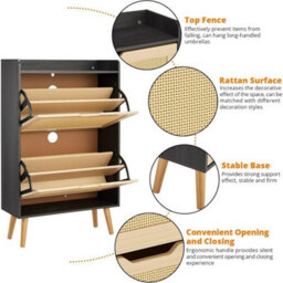 Black Shoe Cabinet Hidden Shoe Storage With 2 Flip Rattan Flip-Drawer For Entryway - thumbnail 5