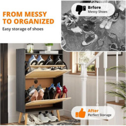 Black Shoe Cabinet Hidden Shoe Storage With 2 Flip Rattan Flip-Drawer For Entryway - thumbnail 4