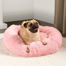 OHS Dog Bed Fluffy Plush Fleece Pet Calming Anti Anxiety Round, Blush - Medium