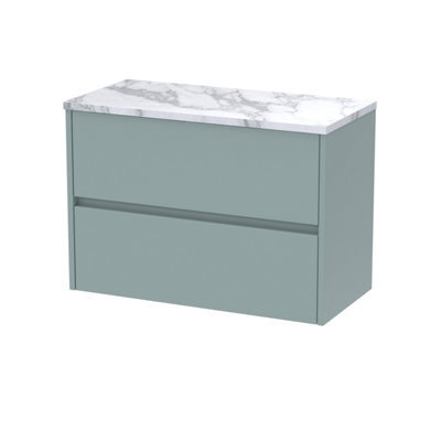 Nuie Havana Wall Hung 2-Drawer Vanity Unit & Worktop In Carrera Marble, Countertop Basin Unit In Coastal Grey, 800mm