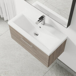 Balterley Bramshall Modern Bathroom Wall Hung 1 Soft Close Drawer Vanity Unit & Mid-Edge Basin, Solace Oak, 810mm - thumbnail 3