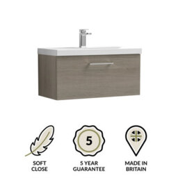 Balterley Bramshall Modern Bathroom Wall Hung 1 Soft Close Drawer Vanity Unit & Mid-Edge Basin, Solace Oak, 810mm - thumbnail 6