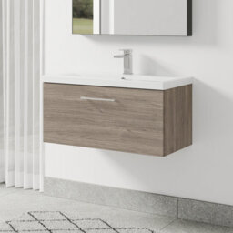 Balterley Bramshall Modern Bathroom Wall Hung 1 Soft Close Drawer Vanity Unit & Mid-Edge Basin, Solace Oak, 810mm - thumbnail 4