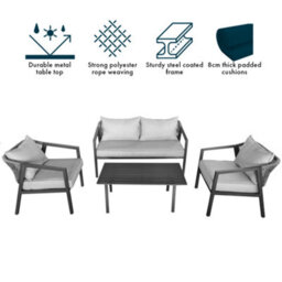 Jack Stonehouse Jsh Modern Grey Patio Set Two Seater Sofa & 2 Chairs & Table Rattan Rope And Steel Garden Sofa Set With Cushions - thumbnail 9