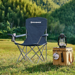 Songmics Double Set Of Folding Outdoor Chairs, Durable With Drink Holders, Comfortable Seating, Dark Blue