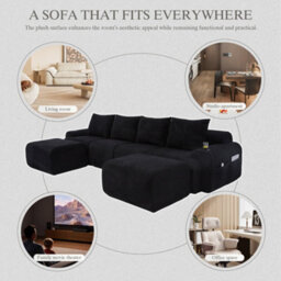 Matteo Black Modular Corduroy 4-Seater Sofa With 2 Ottomans, Cup Holders & Storage Pockets - Configurable For Any Living Space - thumbnail 8