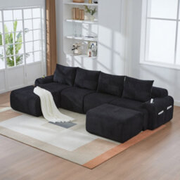 Matteo Black Modular Corduroy 4-Seater Sofa With 2 Ottomans, Cup Holders & Storage Pockets - Configurable For Any Living Space - thumbnail 9