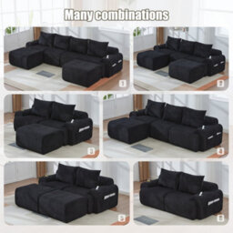 Matteo Black Modular Corduroy 4-Seater Sofa With 2 Ottomans, Cup Holders & Storage Pockets - Configurable For Any Living Space - thumbnail 5