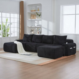 Matteo Black Modular Corduroy 4-Seater Sofa With 2 Ottomans, Cup Holders & Storage Pockets - Configurable For Any Living Space