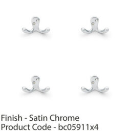 Loops 4 Pack - Solid Brass Victorian Double Robe Coat Hook - Wall Mounted Holder Satin Chrome - thumbnail 2