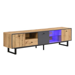 Matteo Industrial Modern Tv Unit With Led Lighting, Soft-Close Doors & Glass Shelves, Anthracite & Natural Wood Effect, 190Cm - thumbnail 9