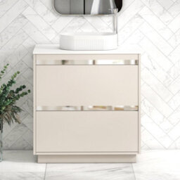 Royal Bathrooms Orion 800mm Warm Taupe Floor Standing Plain White Countertop Vanity Unit 2 Drawer With Lyon Basin & Chrome Accent Trim - thumbnail 1