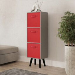 Urbn-Living Urbnliving 80Cm Height 3 Tier Grey Wooden Storage Bookcase Scandinavian Style Black Legs With Red Inserts