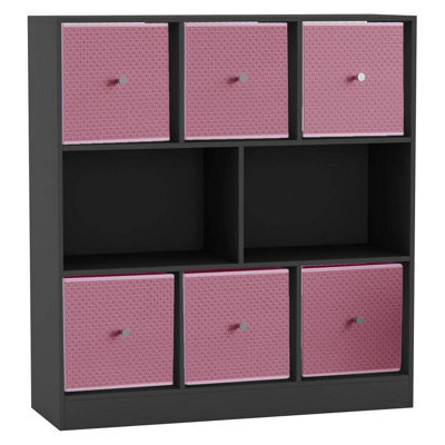 Urbn-Living Black, Pastel Pink - Asymmetrical 8 Cube Bookcase Unit W/ 6 Drawer Inserts - image 1