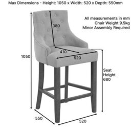 The Furniture Market Luxury Grey Woven Fabric Scoop Back Kitchen Counter Bar Stool Quilted Button Back Stud Detailing Solid Wood Frame - thumbnail 8