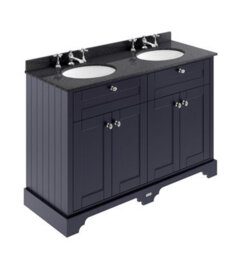 Hudson Reed Floor Standing 4-Door Traditional Vanity With 3 Tap Hole Black Marble Double Basin, Twilight Blue, 1220X470mm