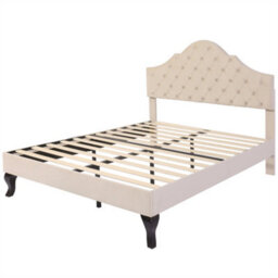 Abrihome Upholstered Bed 135X190 With Slatted Frame And Height-Adjustable Headboard, Velvet, Beige - thumbnail 7