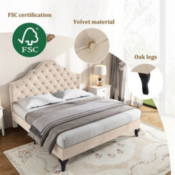 Abrihome Upholstered Bed 135X190 With Slatted Frame And Height-Adjustable Headboard, Velvet, Beige - thumbnail 2