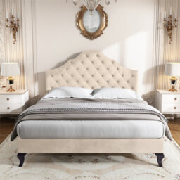 Abrihome Upholstered Bed 135X190 With Slatted Frame And Height-Adjustable Headboard, Velvet, Beige - thumbnail 9