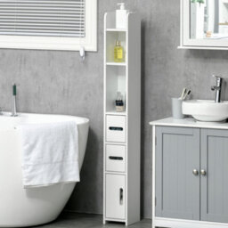 Kleankin Freestanding Bathroom Cabinet W/ Open Shelves 3 Cupboards, White - thumbnail 1