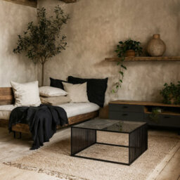 Wyld Haus Porto Square Coffee Table - Black Metal Frame With Glass And Stone-Effect Top