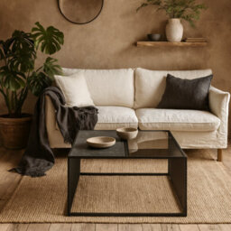 Wyld Haus Porto Square Coffee Table - Black Metal Frame With Glass And Stone-Effect Top - thumbnail 2
