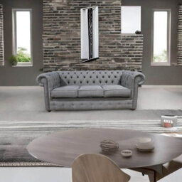 Chesterfield 3 Seater Sofa Charles Slate Grey Real Linen Fabric In Classic Style - thumbnail 5